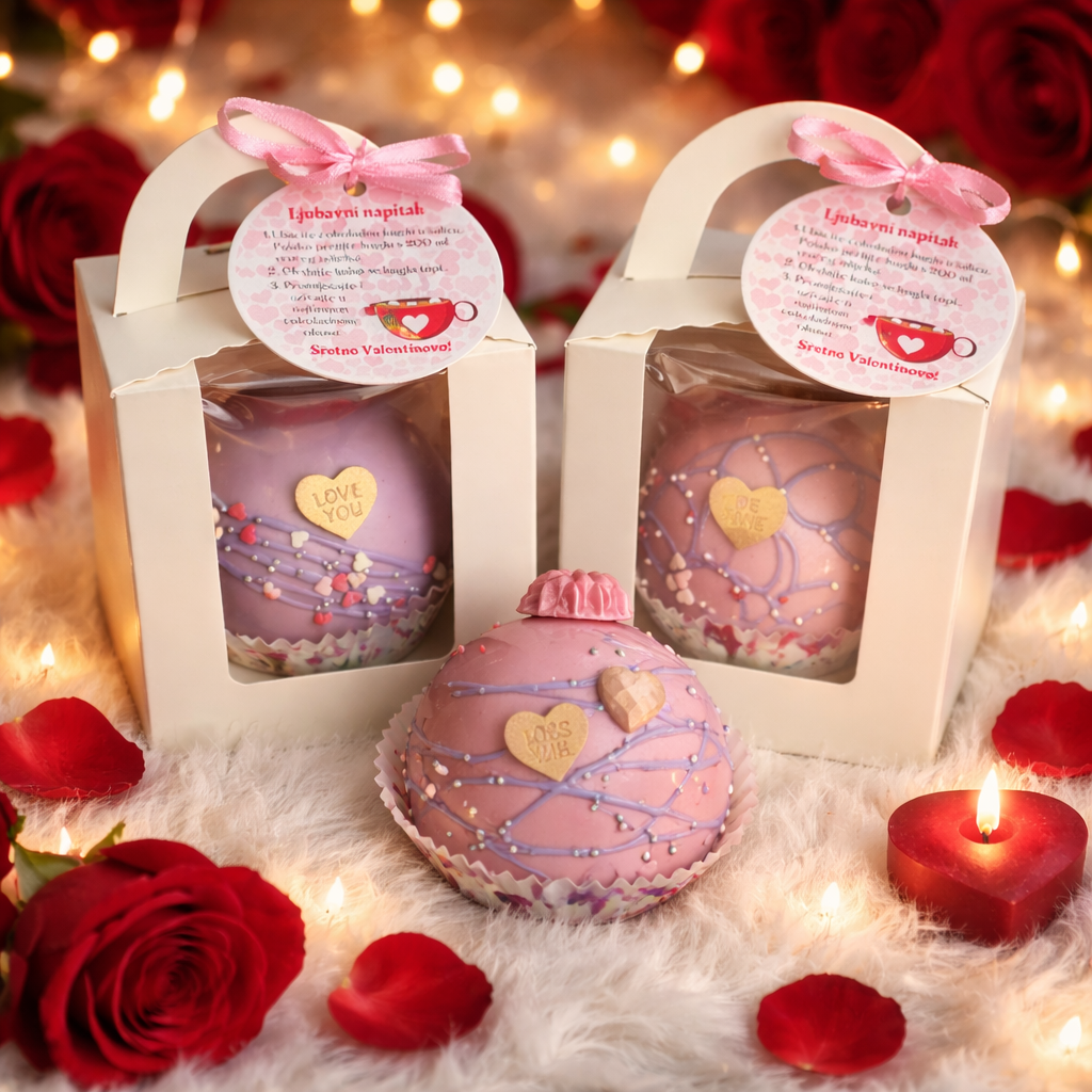 Valentinovske čoko bombe u roza čokoladi sa srcima Love You u poklon kutijama s roza mašnicama i etiketom Ljubavni napitak