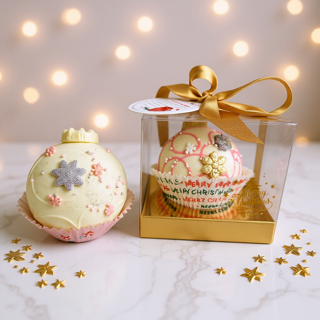 Božićna čoko bomba u bijeloj čokoladi sa srebrnom zvijezdom i snježnim pahuljama uz zapakiranu bombu Merry Christmas sa zlatnom vrpcom