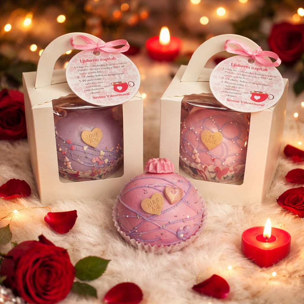 Valentinovske čoko bombe u lila i roza čokoladi s natpisima Love You, Be Mine i Kiss Me, u poklon kutijama s etiketom Ljubavni napitak