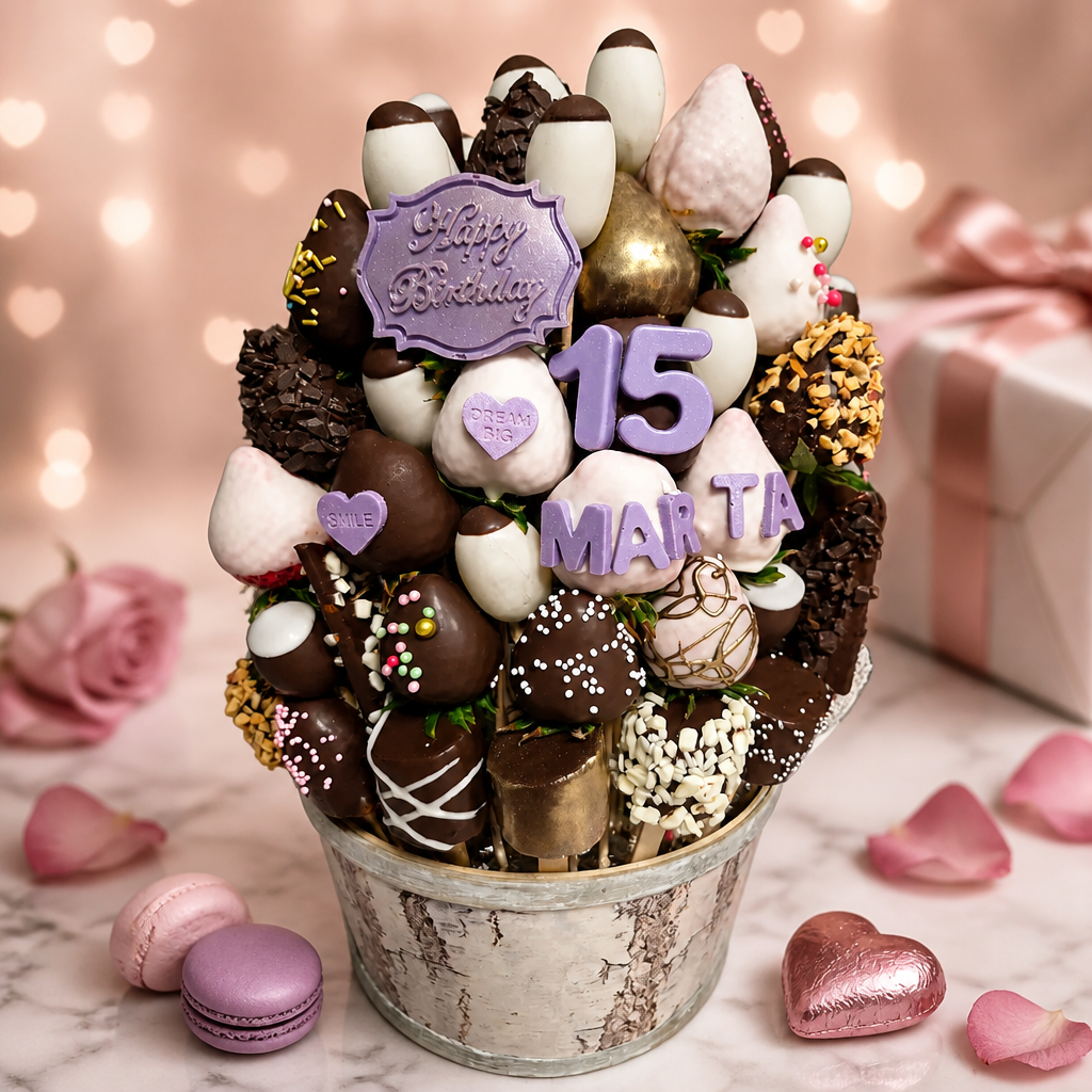 Voćni buket u čokoladi s ljubičastim natpisom Happy Birthday, brojem 15 i imenom Marta