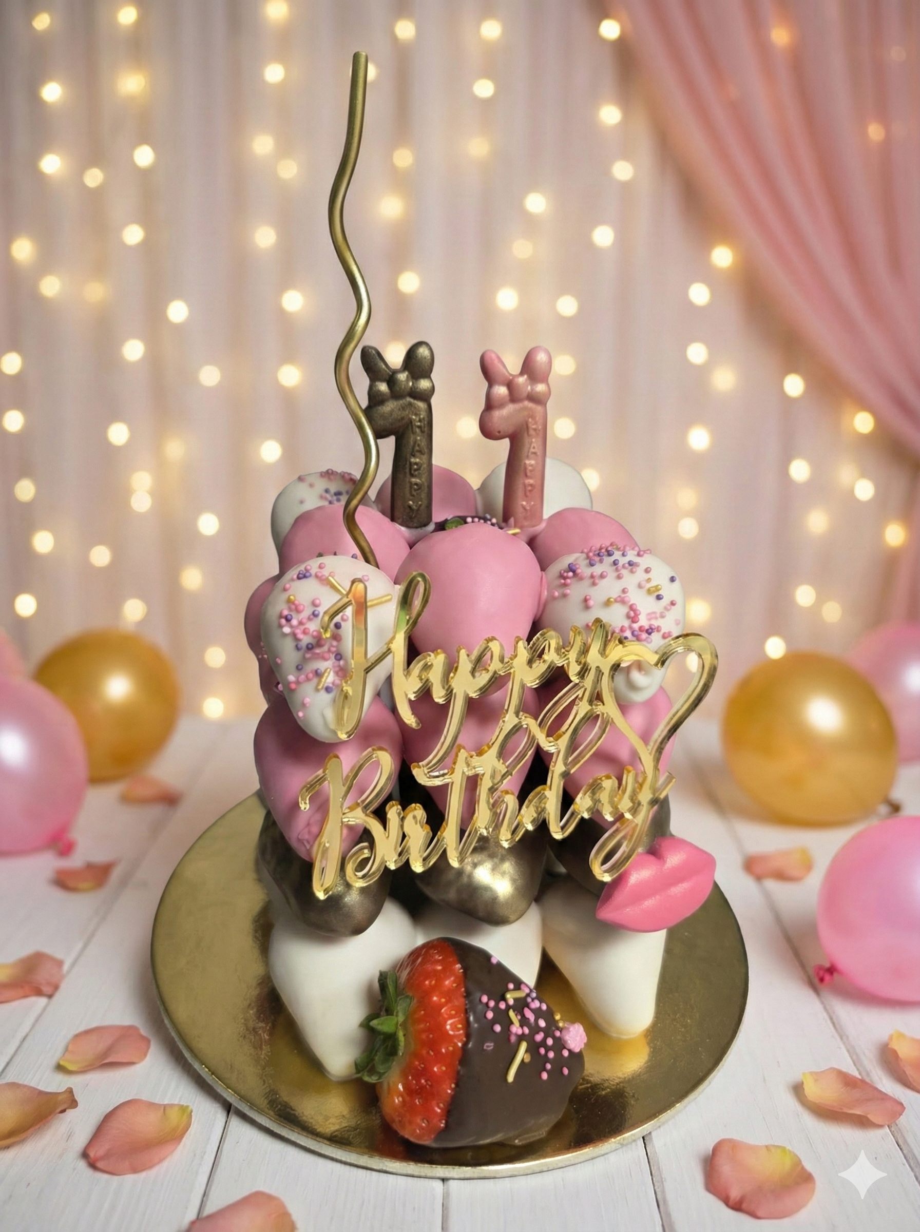 Kocka od jagoda u roza i bijeloj čokoladi s natpisom Happy Birthday