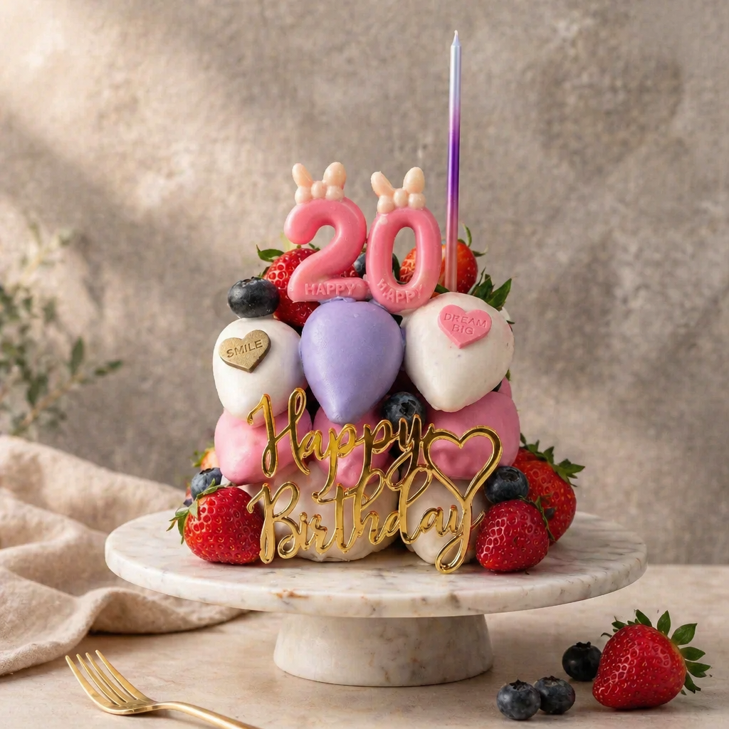 Kocka od jagoda u bijeloj, roza i ljubičastoj čokoladi s natpisom Happy Birthday i brojem 20
