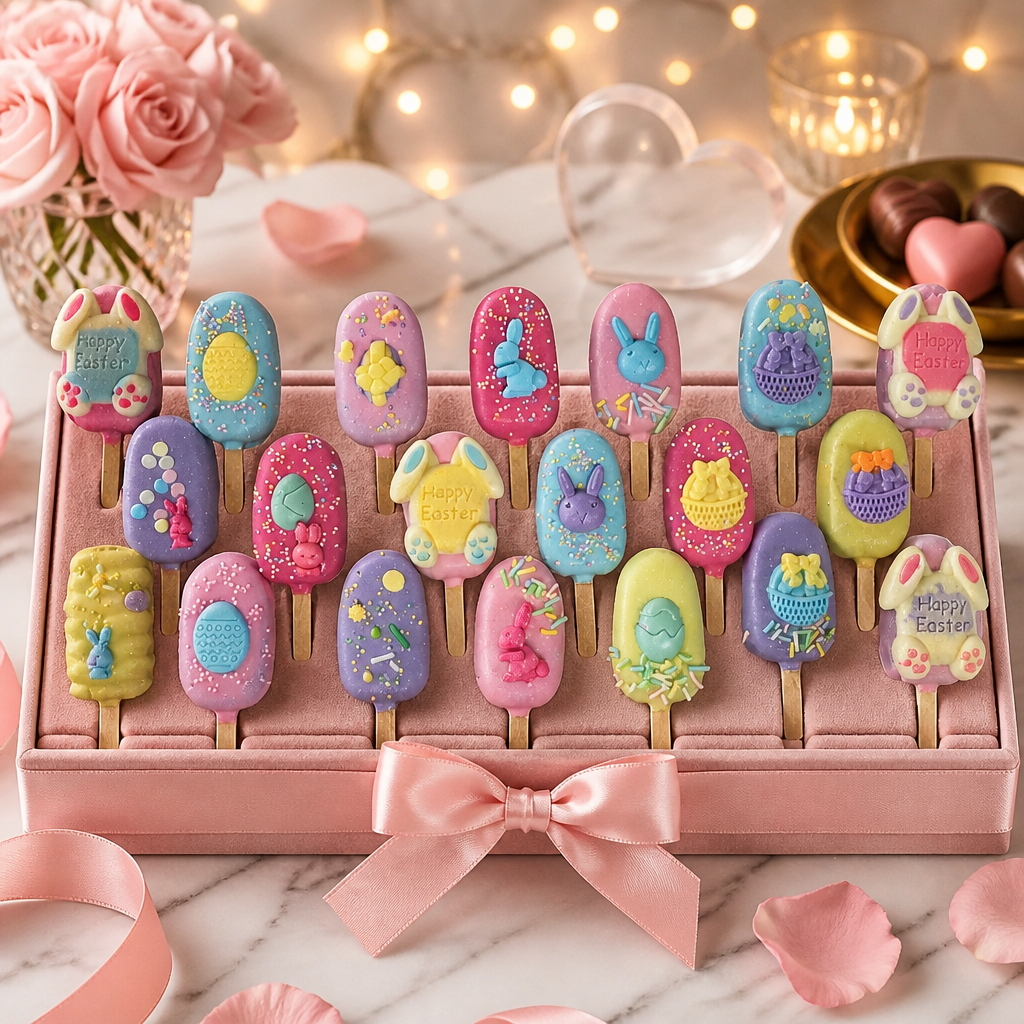 Roza poklon kutija sa šarenim uskrsnim cakesiclima s zečićima, jajima i natpisom Happy Easter