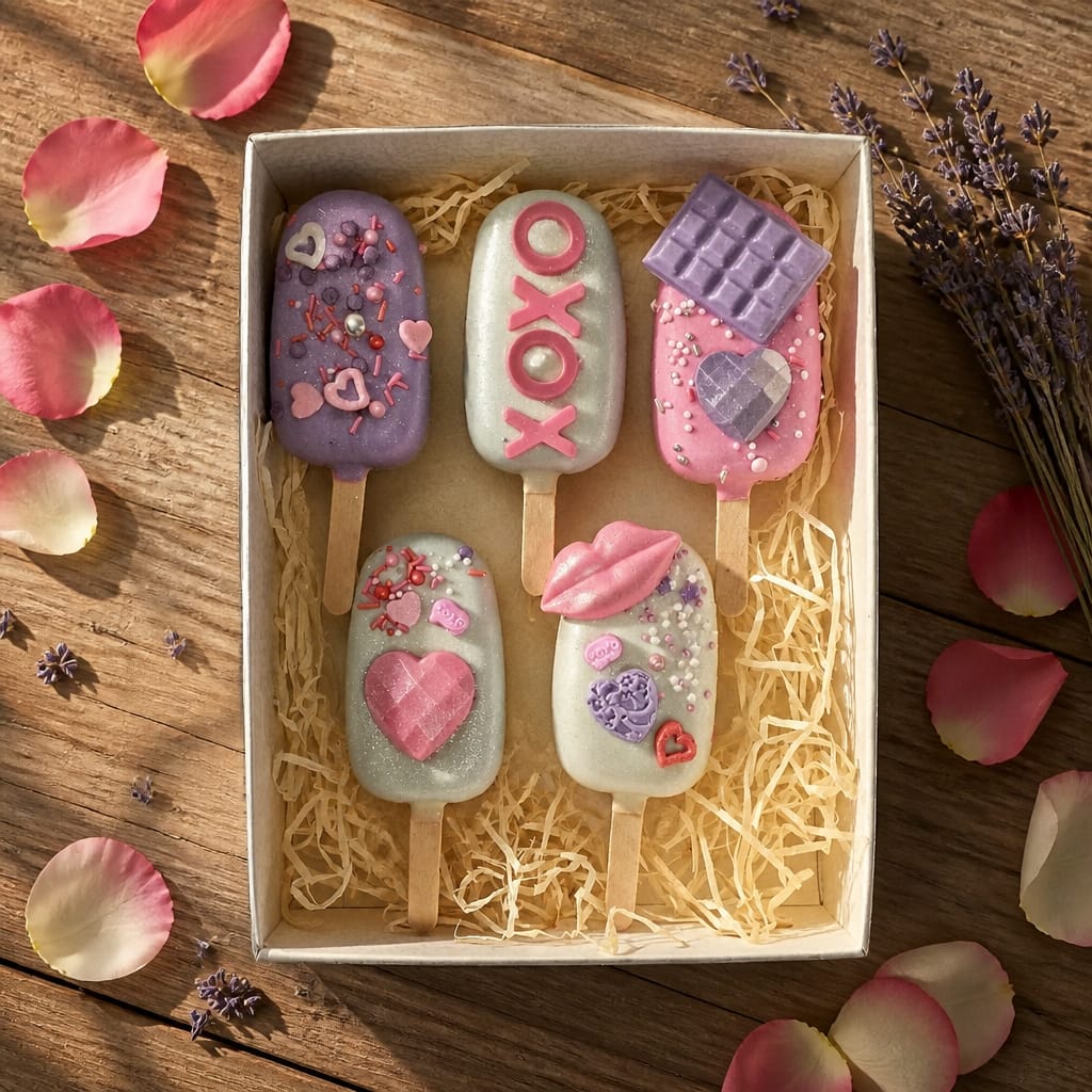 Poklon kutija s pet valentinovskih cakesicla u lila i bijeloj čokoladi s natpisima XOXO, usnicama i mini pločicom čokolade